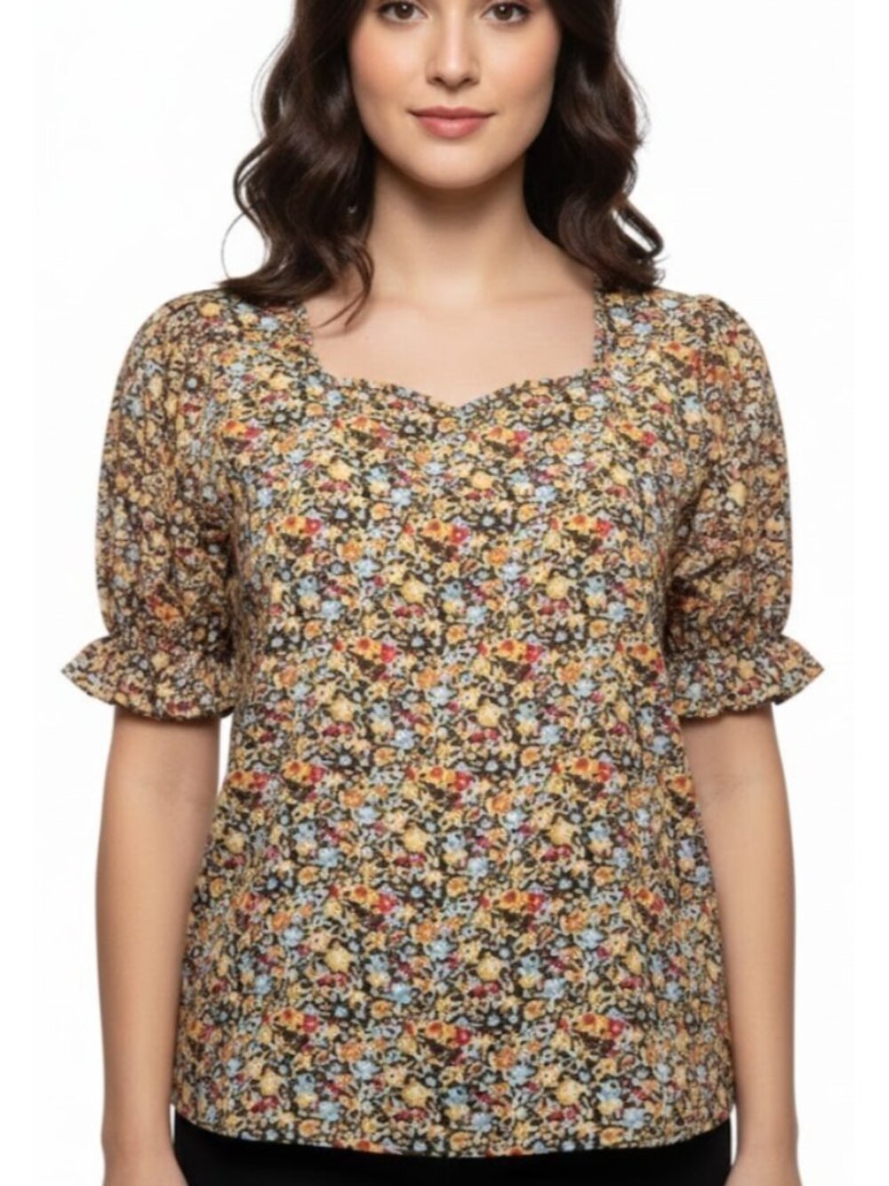 Floral Puff Sleeve Blouse XL Women’s Multi-Color Square Neck Cottagecore Top